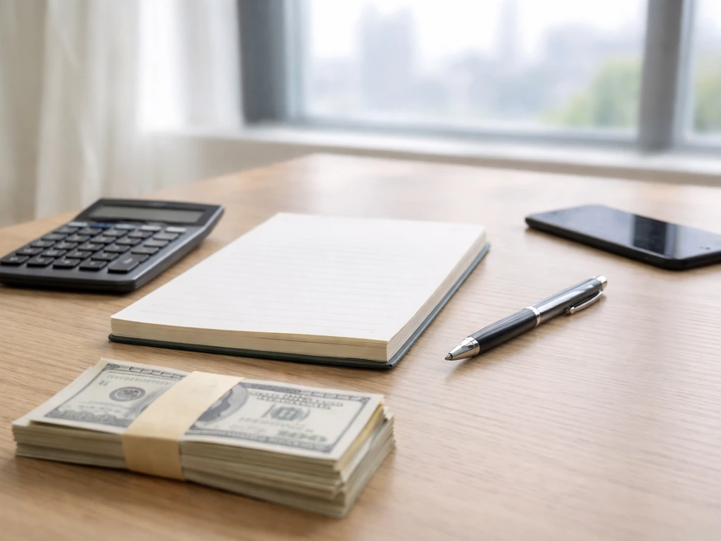 Minimal desk scene showing a blank notepad, calculator, and smartphone beside cash and a pen