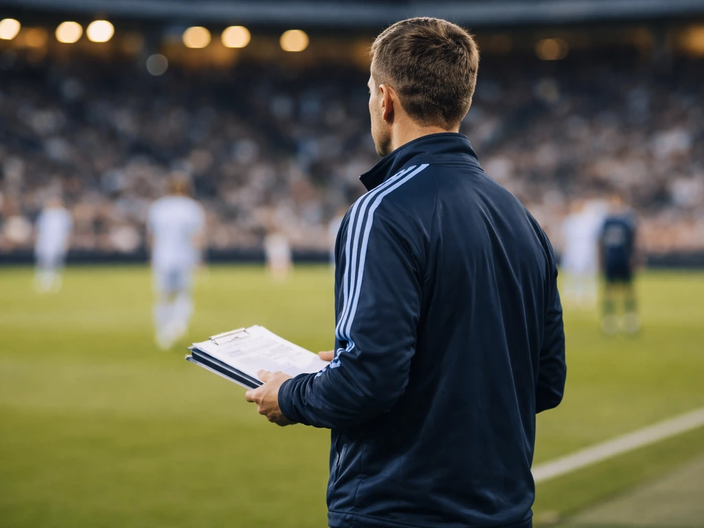 Anonymous soccer coach–type figure on an MLS sideline in a stadium under natural light