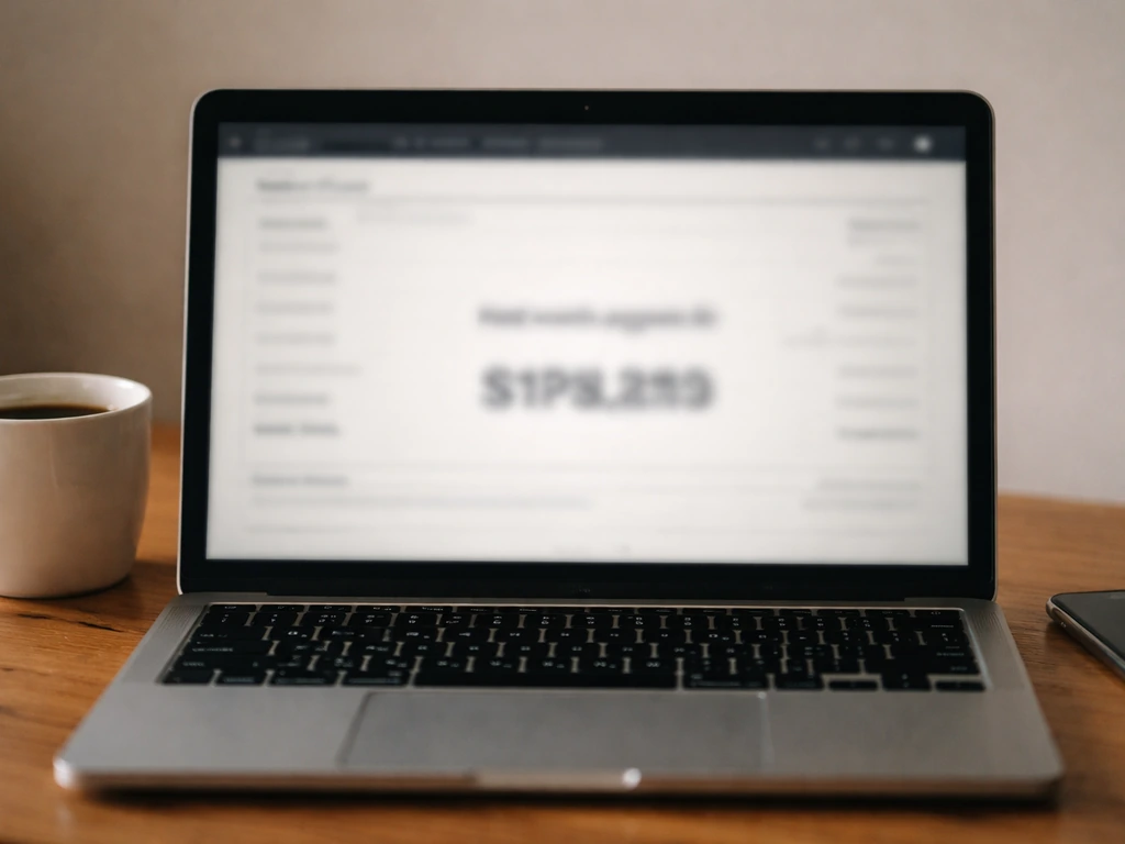 Close-up of a laptop showing a blurred net worth estimate page with money-focused desk items.