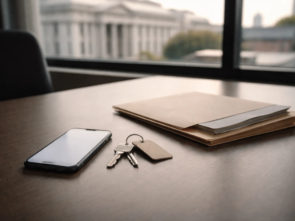 Minimal photo of a desk with a phone, keys, and a folder suggesting real-estate and financial record checks.