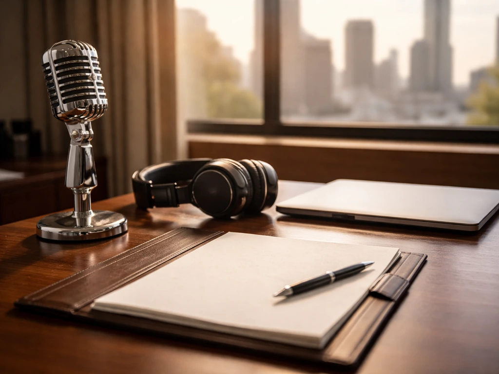 Minimal music industry office scene with a studio microphone, headphones, and city view.