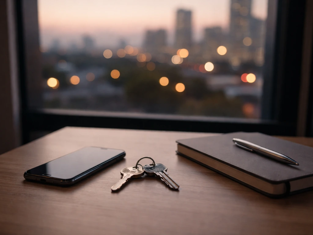 Minimal desk scene with a smartphone, keys, and a blurred city skyline suggesting net-worth estimates.