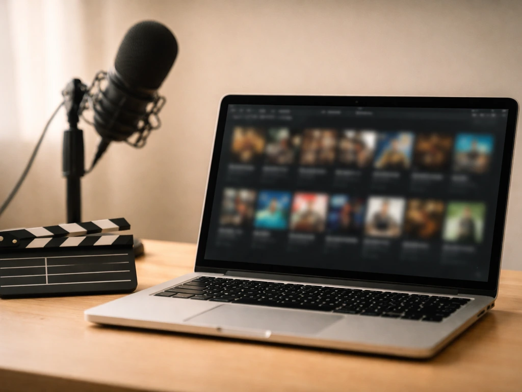 Minimal desk scene with laptop and blurred film-credits screen, plus clapperboard and studio microphone.