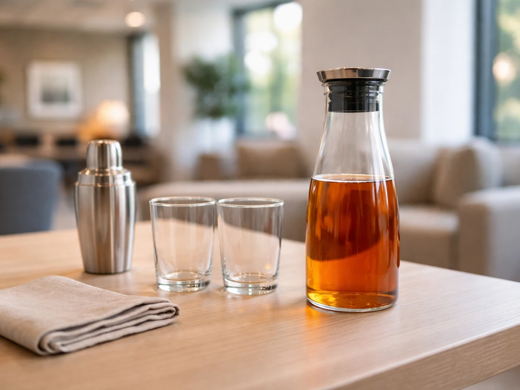 Minimal office table with a carafe of amber tea, glasses, and a stainless shaker in natural light.