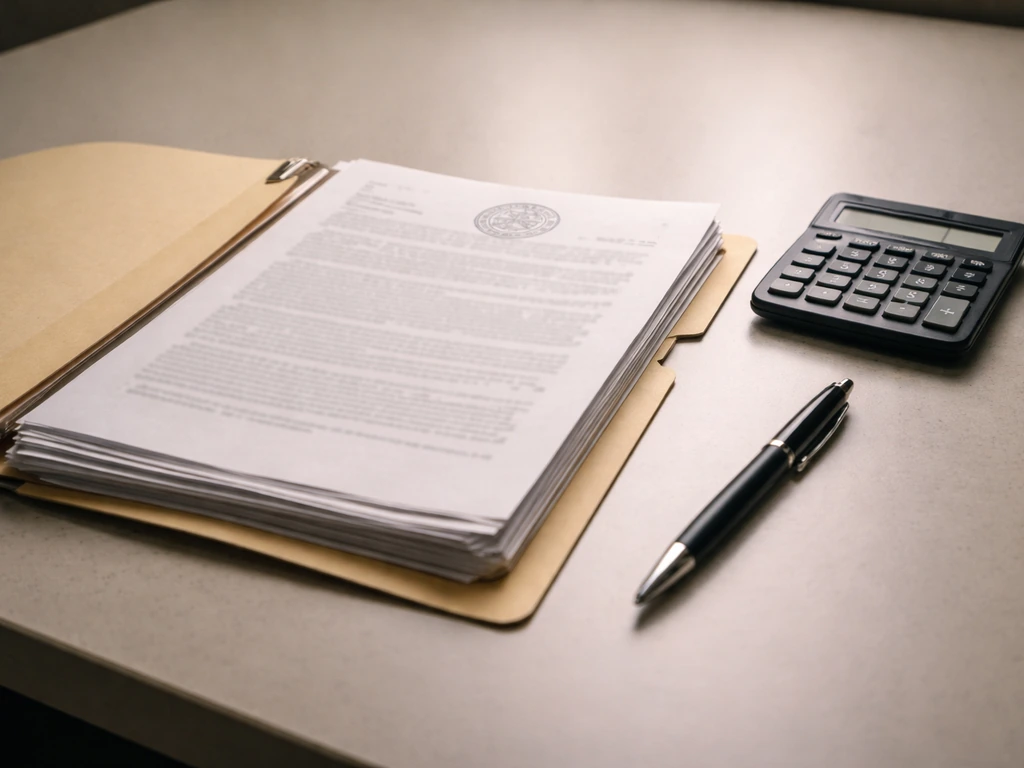 Open folder of court-style documents on a desk with a calculator and pen, suggesting financial liabilities.