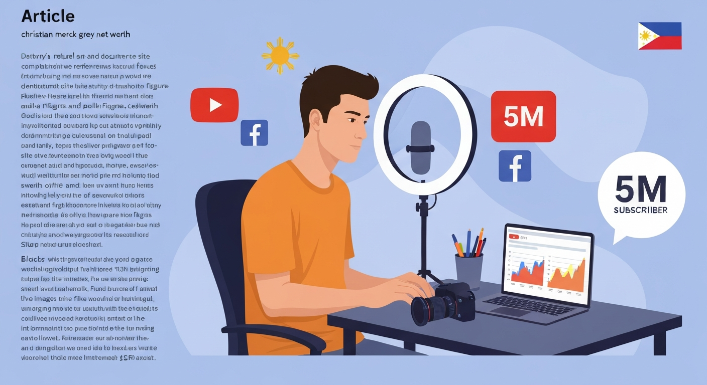 Illustration of a Filipino content creator at a desk with YouTube analytics and social media icons.