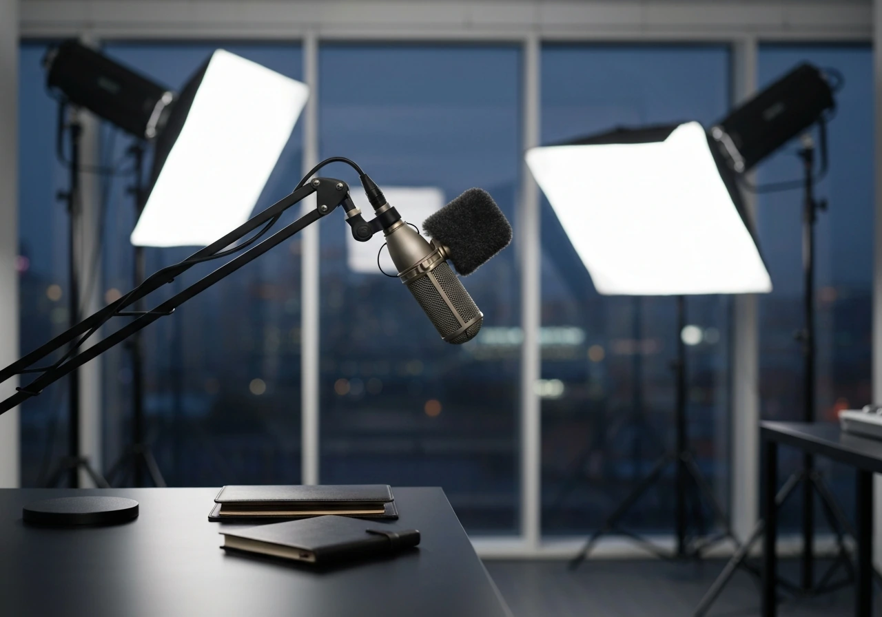 Anonymous person in a studio-like setting with a microphone and subtle luxury cues, evoking reality TV and finance