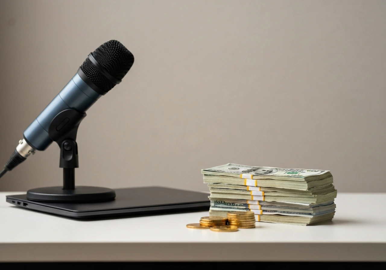 Minimal media and money symbolism: TV studio mic beside cash and a sleek laptop on a desk