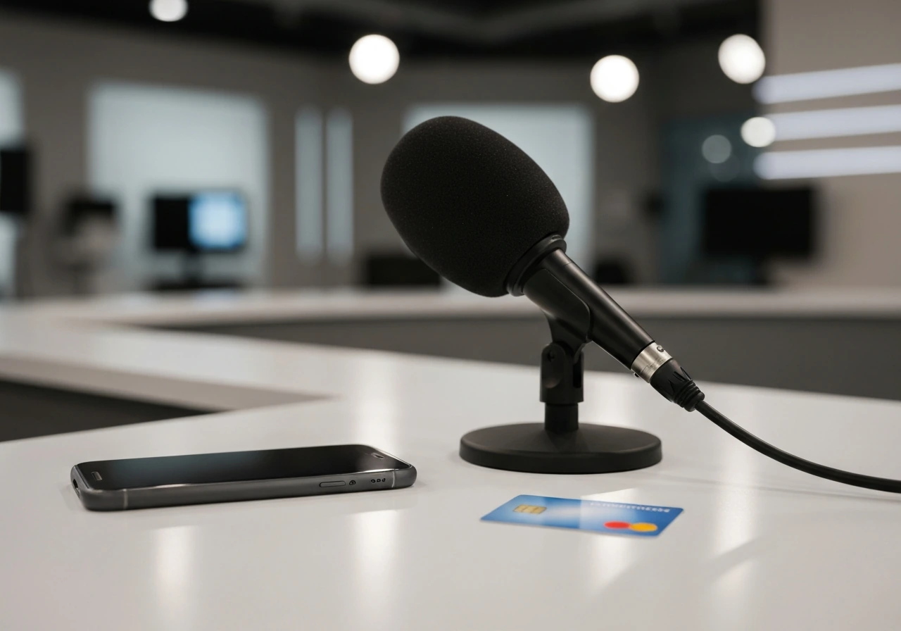 Minimal photo of a TV studio desk with a microphone and a smartphone beside a credit card, symbolizing reality-TV income