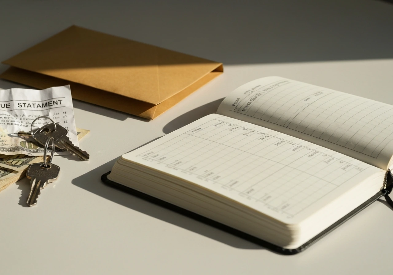 Minimal desk scene with an open notebook, envelope, and crumpled statements suggesting debt and liabilities.