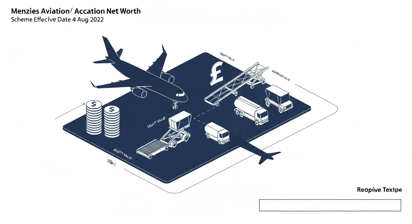 Isometric vector illustration of airport ground-handling vehicles and an aircraft with financial icons (coins and pound symbol) representing Menzies Aviation valuation.