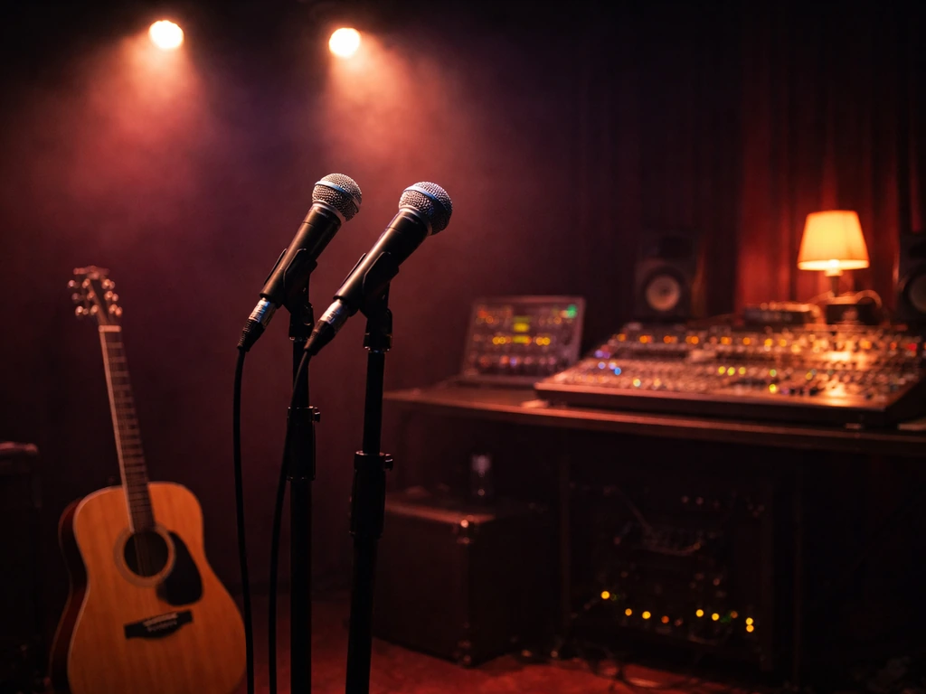 Minimal music studio stage with microphones and guitar under purple-red lighting, symbolizing performer success.