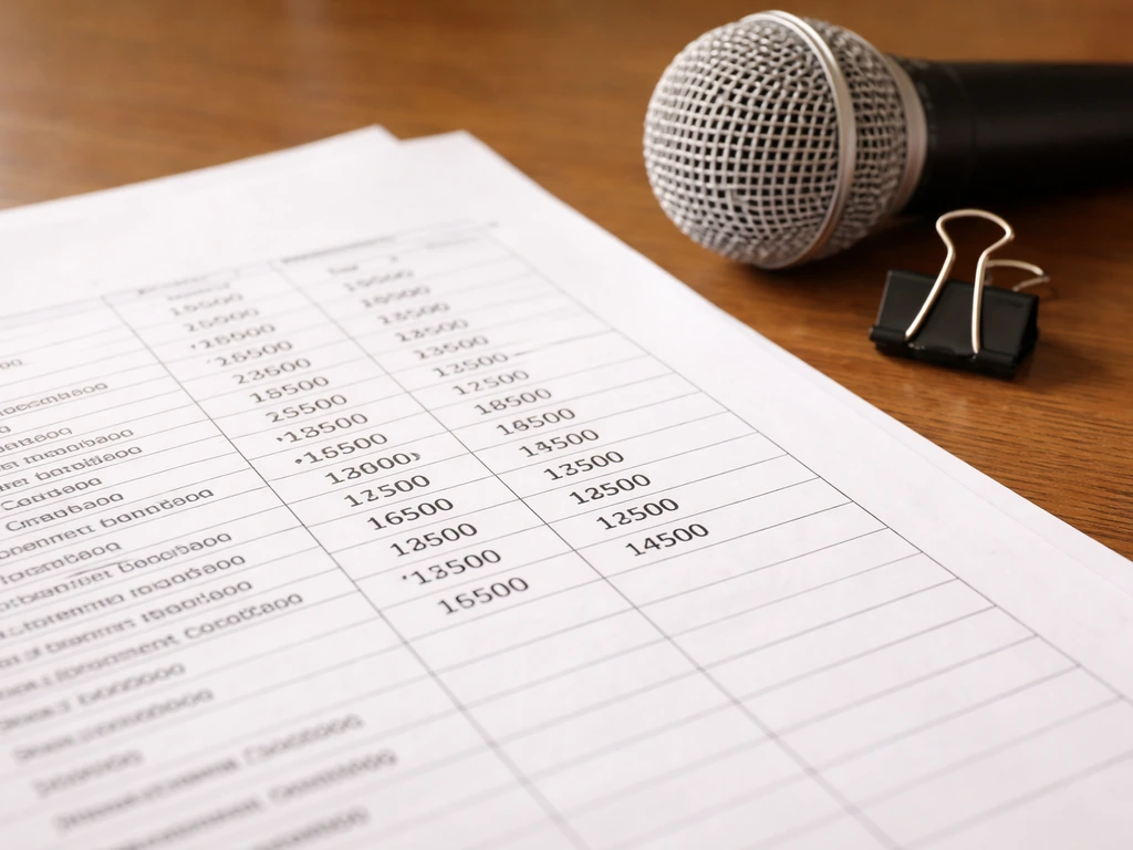 Close-up of a procurement contract document on a desk with a fee number, symbolizing touring income records.
