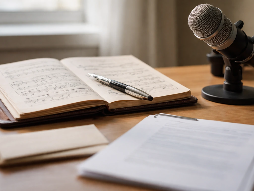 Close-up of a music desk with microphone and blank royalty contract pages, symbolizing songwriting credit evidence.