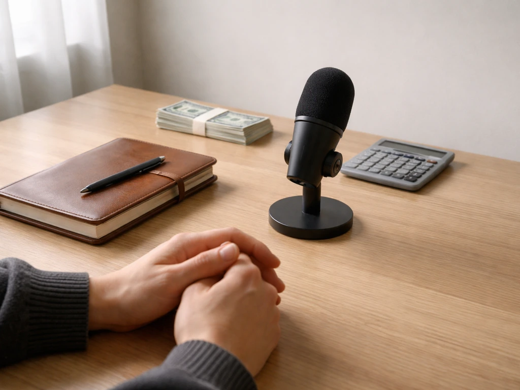 Minimal desk scene with a closed notebook, cash, and a small microphone, symbolizing net worth estimation.