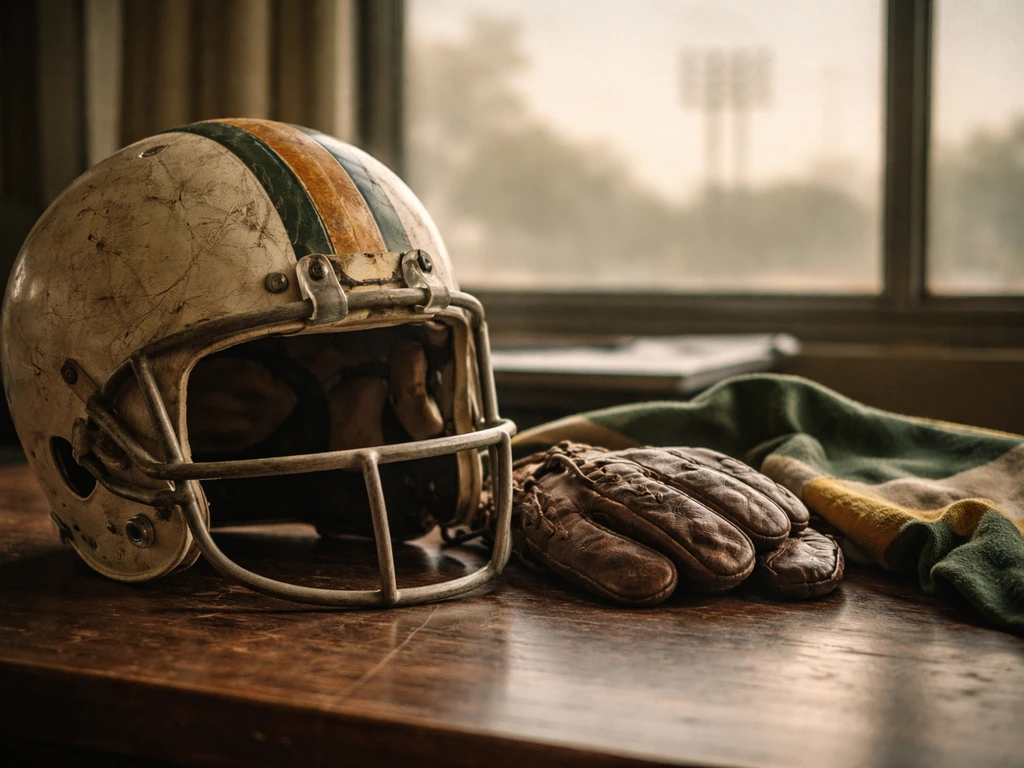 Milwaukee-born NFL running back era—vintage football memorabilia on a worn desk in natural light.