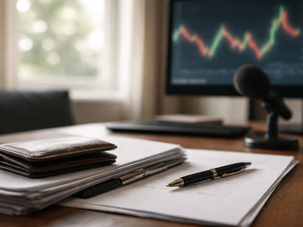 Closeup of a financial services broker desk with documents, pen, and blurred market data on a monitor.