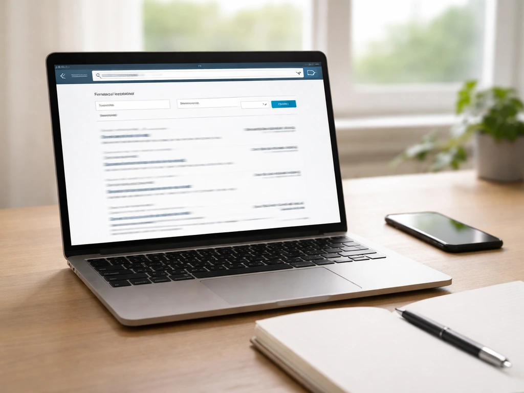 Laptop and phone on a desk showing generic regulatory search results workflow for verification