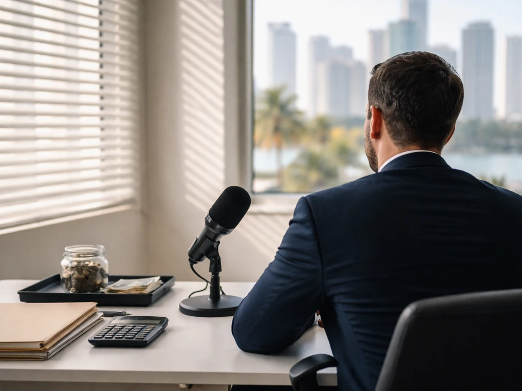 Minimal Miami business scene with a suited entrepreneur at a desk, money-themed props, no identifiable person.
