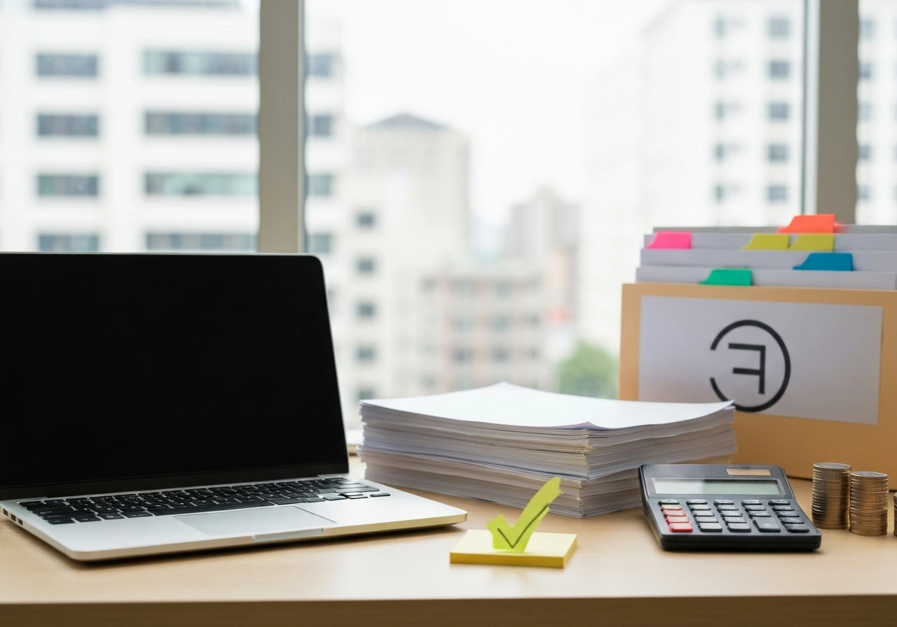 Minimal desk scene with blank documents, calculator, coins, and a checkmark sticky note suggesting net-worth estimation