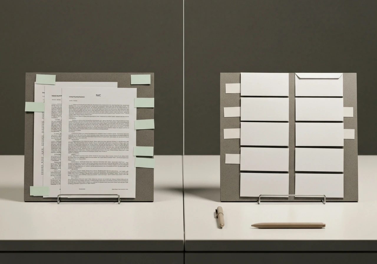 Minimal desk scene with two blank boards separated into known vs unknown evidence categories, no text.