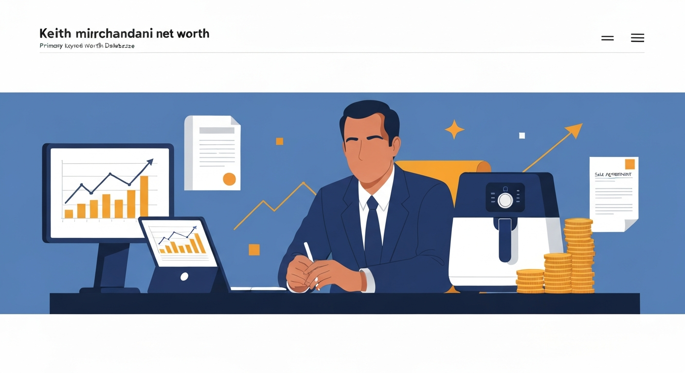 Stylized editorial illustration of a founder at a desk with a kitchen appliance, charts, and stacks of coins representing a business sale and net worth estimate.