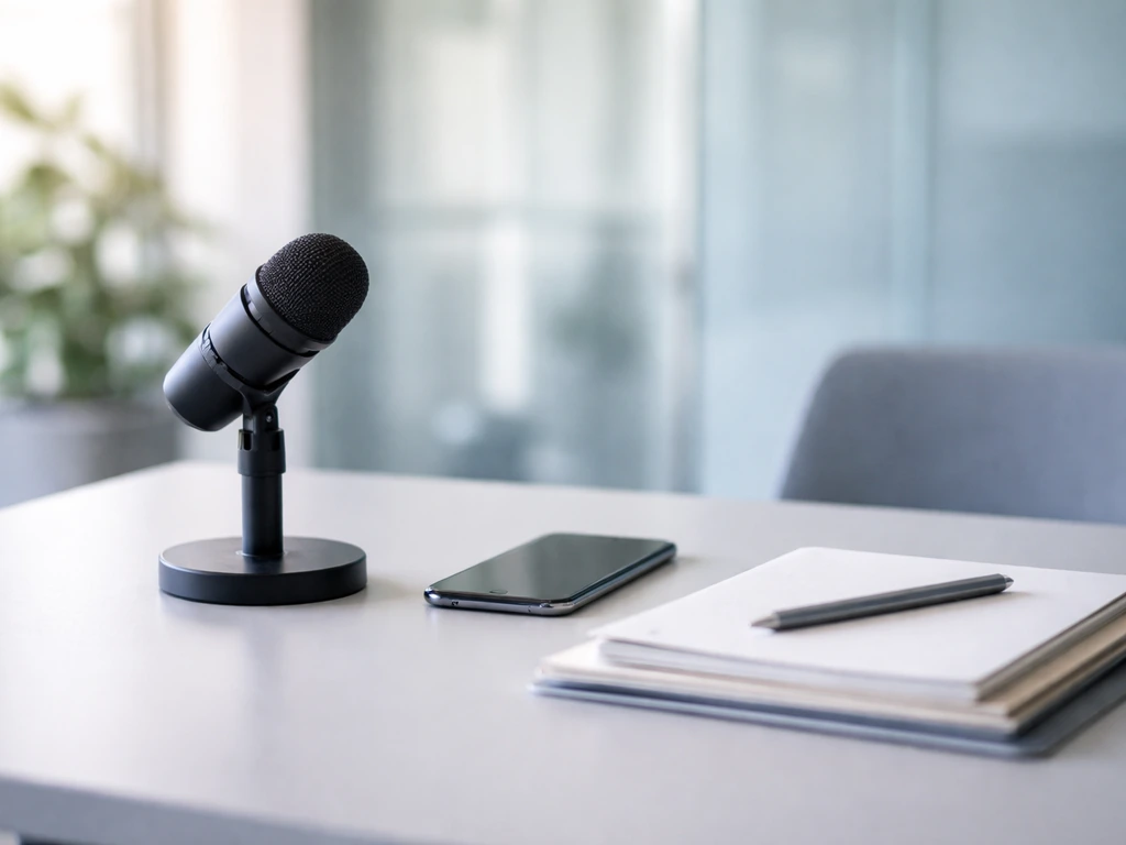 Minimal office desk scene with a smartphone, documents, and a small microphone setup suggesting health-tech business