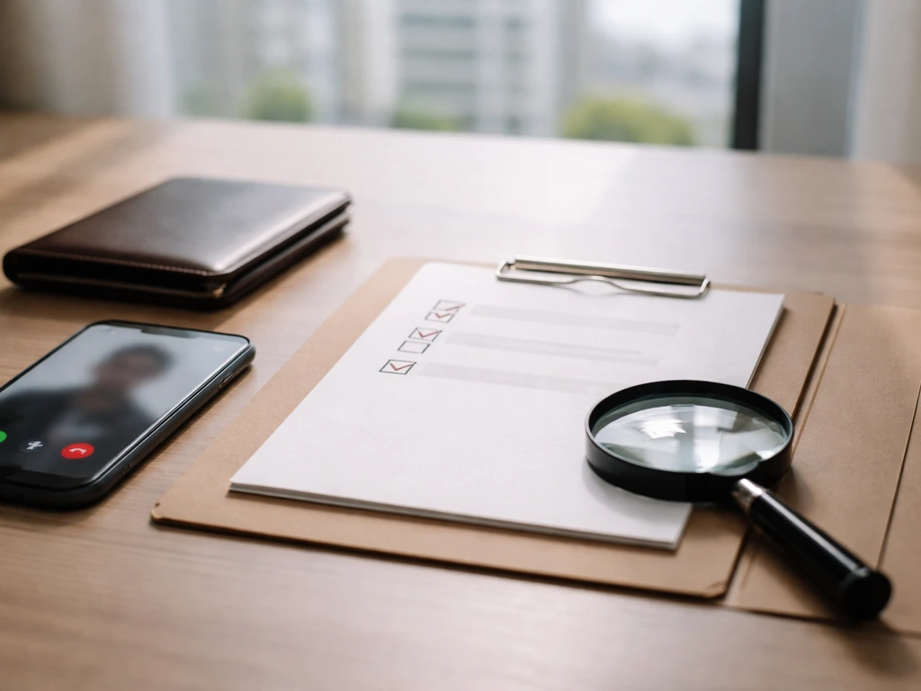 Minimal desk scene with a checklist, magnifying glass, and phone implying identity verification.