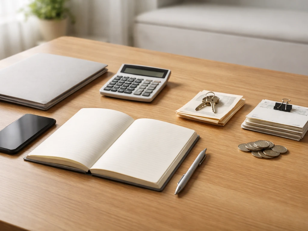Minimal office desk with calculator, coins, and envelopes arranged to imply assets minus liabilities.