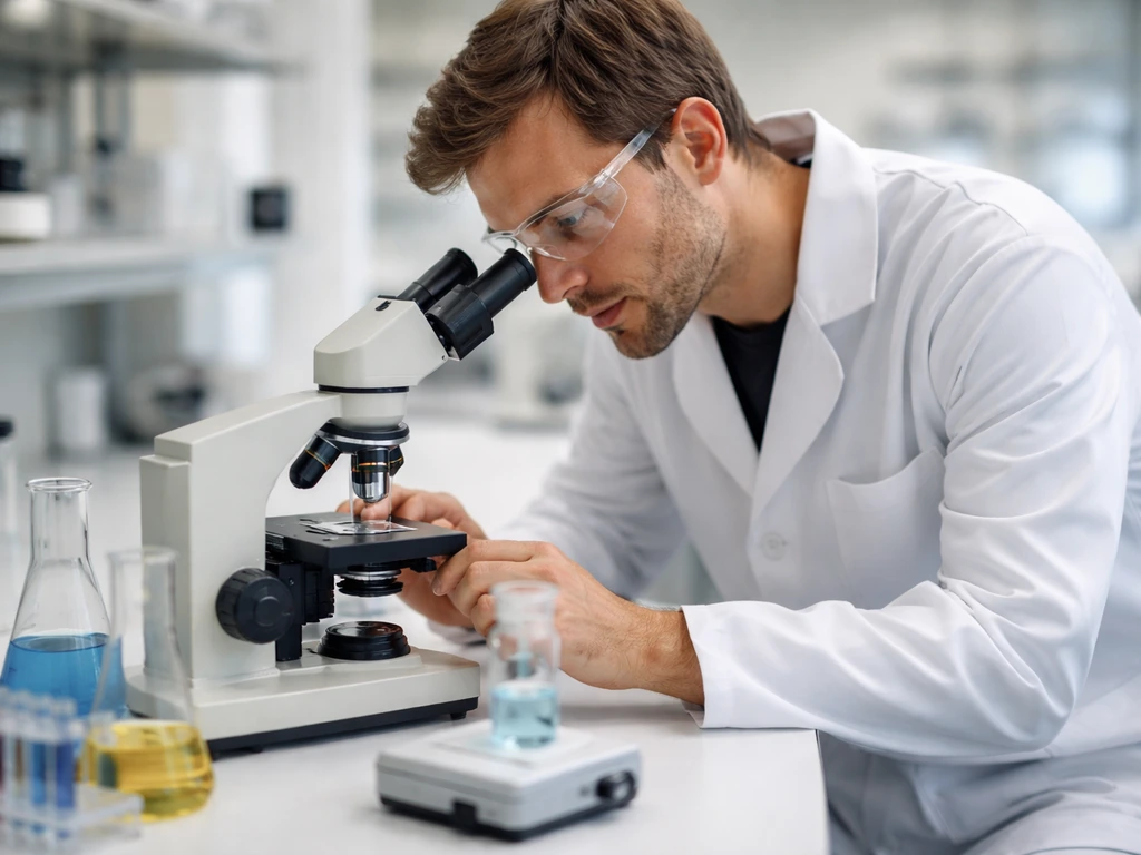 Chemist in a lab coat working at a clean lab bench with a microscope in a quiet academic setting.