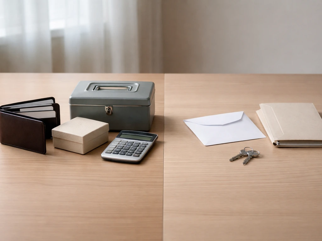 Minimal office desk scene showing separate asset and liability objects, implying assets minus liabilities.