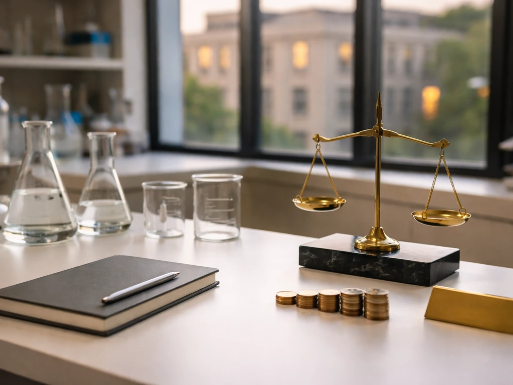 Minimal chemistry lab desk with glassware, coins, and a small balanced scale suggesting compensation.