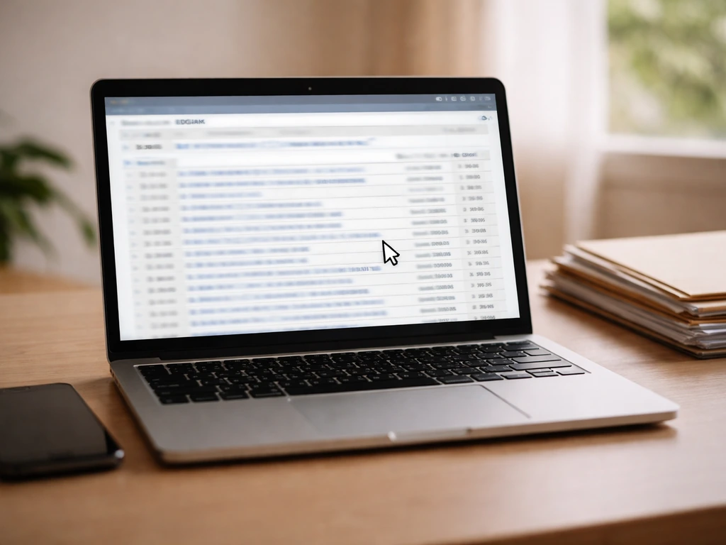 Laptop on desk with a generic SEC filing search results screen for independent verification.
