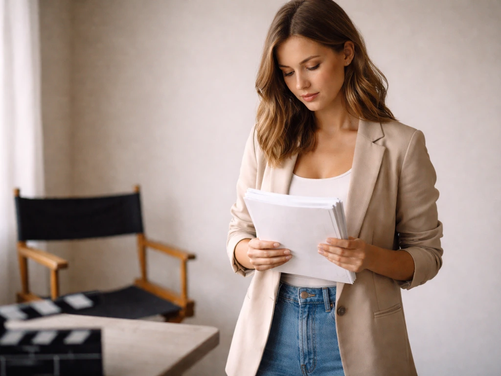An actress in a simple studio setting holding a script, suggesting “Kim Director” confusion with a film director.