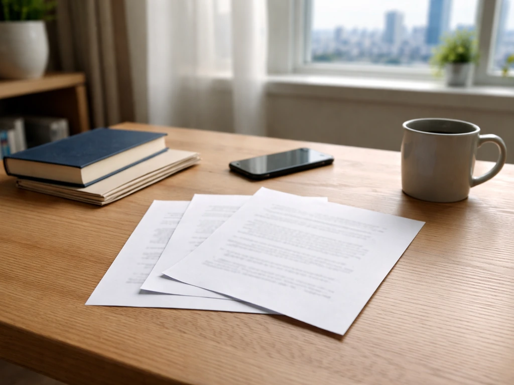 Minimal office desk scene with a spread of envelopes and a blurred finance book suggesting an estimate range.