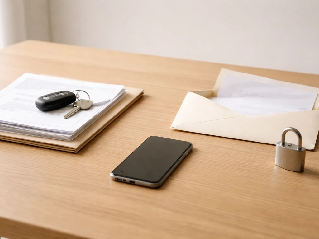 Minimal desk scene with a smartphone and key fob beside a stack of documents and a blurred calendar