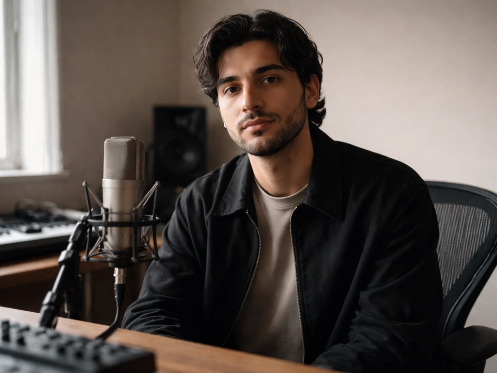 Armenchik-style Armenian pop singer in a simple Los Angeles studio setting with a microphone