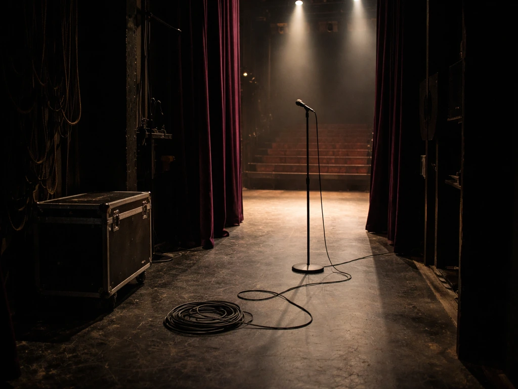 Empty theater backstage with a microphone stand and stage lighting symbolizing music-tour income streams.
