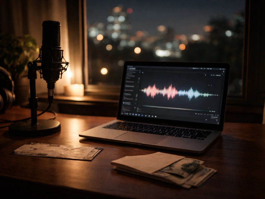 Minimal studio desk with microphone, ticket stub, and cash envelope beside a laptop at night.