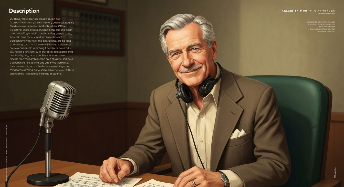 Illustrated portrait of Don Messick in a retro recording studio with a microphone and script pages.