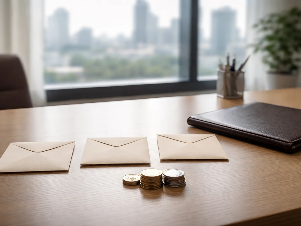 Minimal desk scene with envelope and scattered coins symbolizing different estate/net worth estimates
