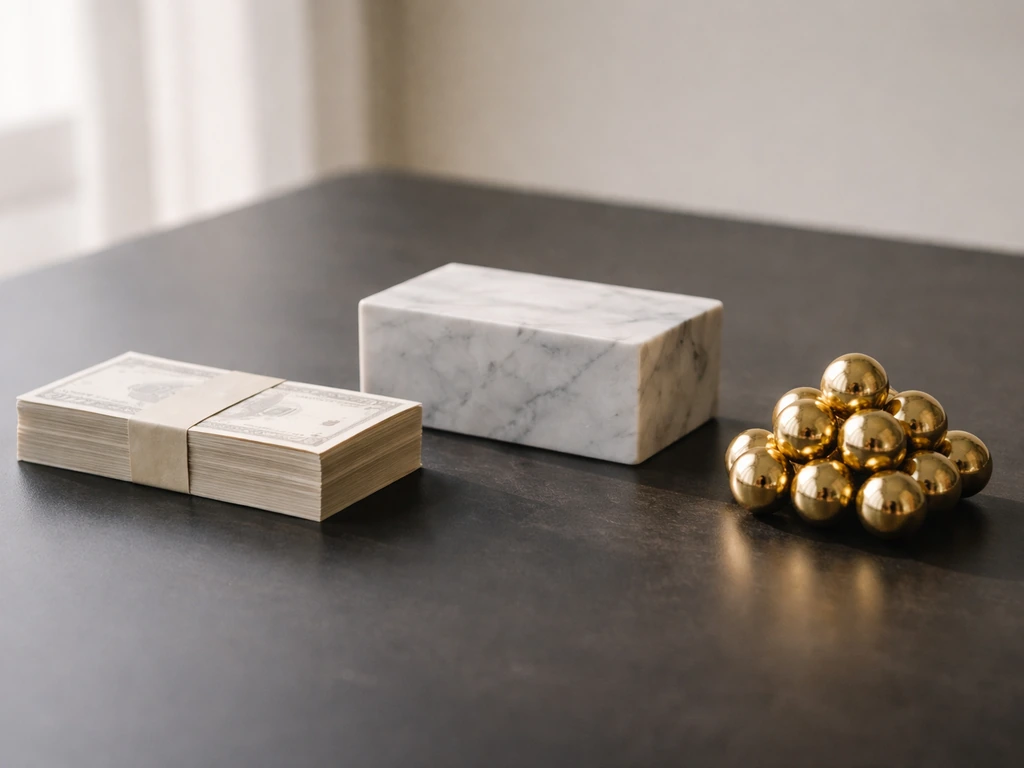 Minimal desk photo with three proportional objects symbolizing partnership stake, real estate, and other holdings.