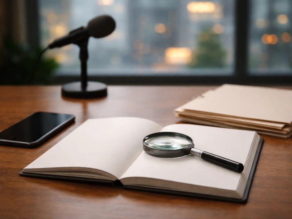 Magnifying glass over blank notebook with folders and smartphone on a desk, suggesting fact-checking steps.