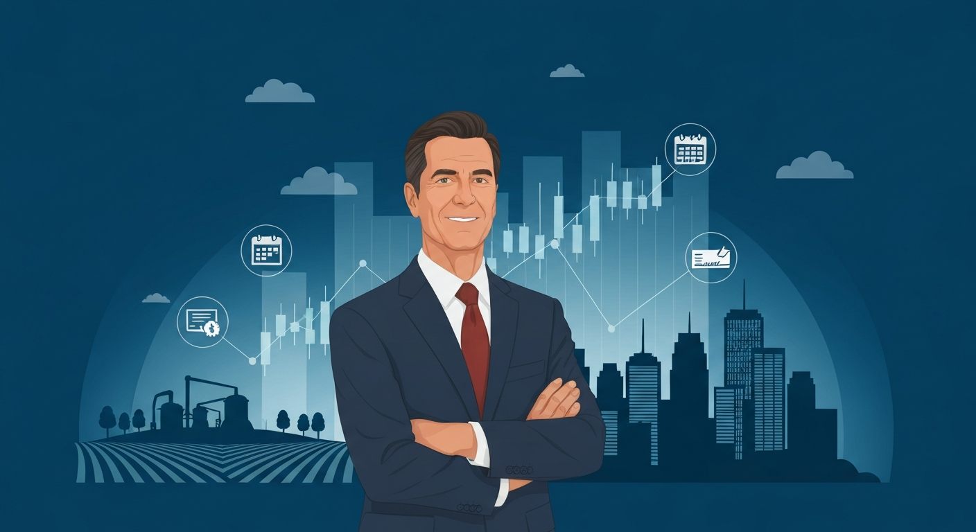 Editorial illustration of a corporate agribusiness executive in front of farm and finance motifs, with subtle stock-chart and equity icons indicating compensation and net worth.