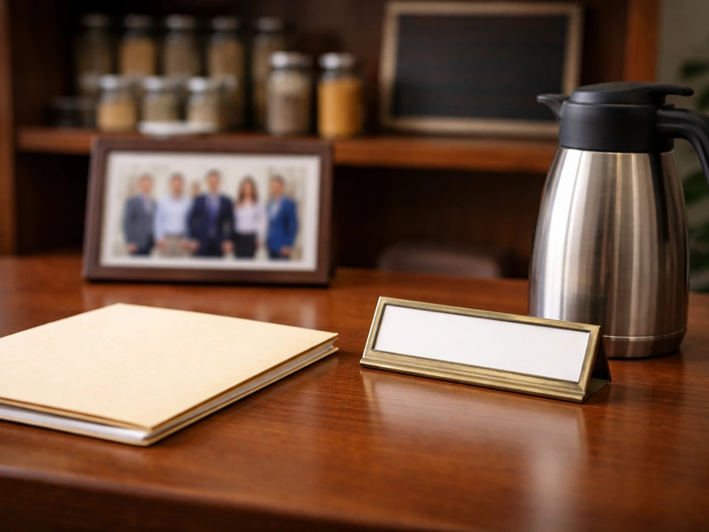 Minimal office desk scene with food-business context symbols, no person shown, suggesting correct company identity.