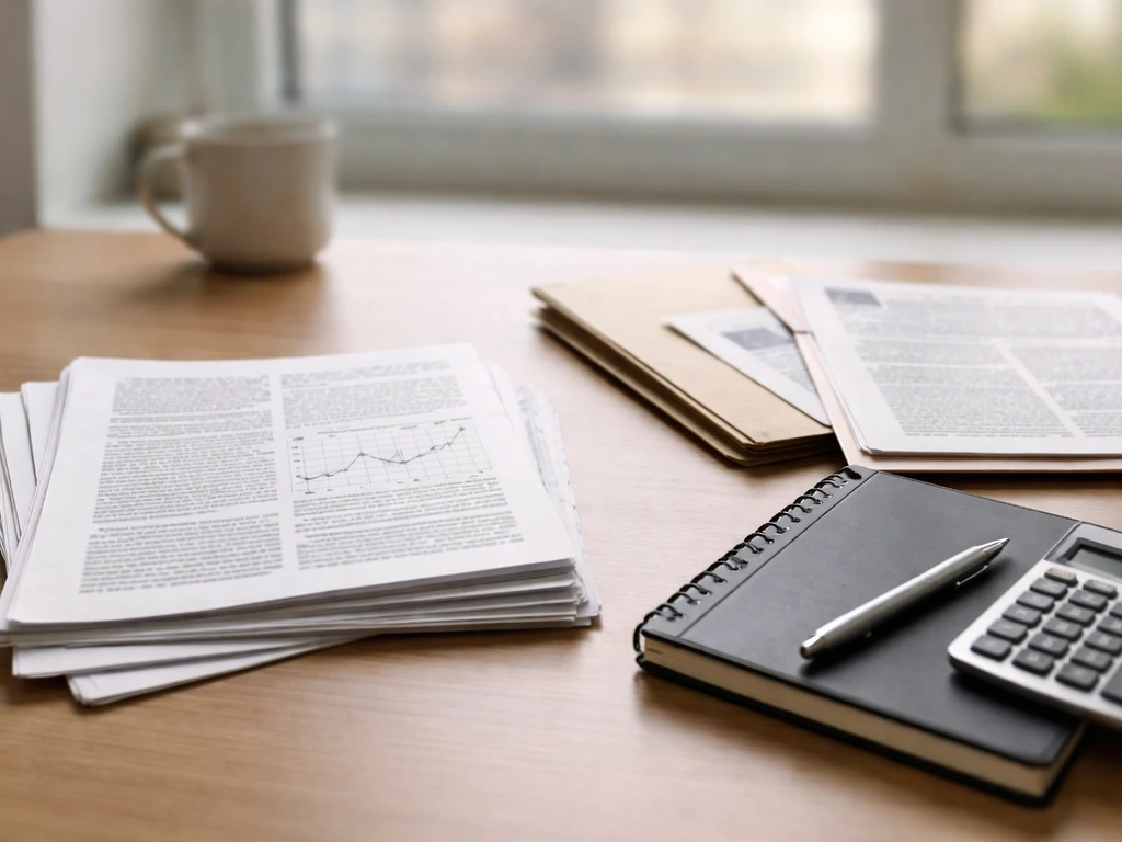Minimal desk scene with printed trade-style industry reports, clippings, and business tools.