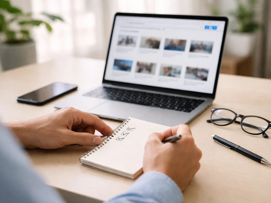 Minimal desk scene with laptop, smartphone, and notebook showing a checklist for verifying a business estimate