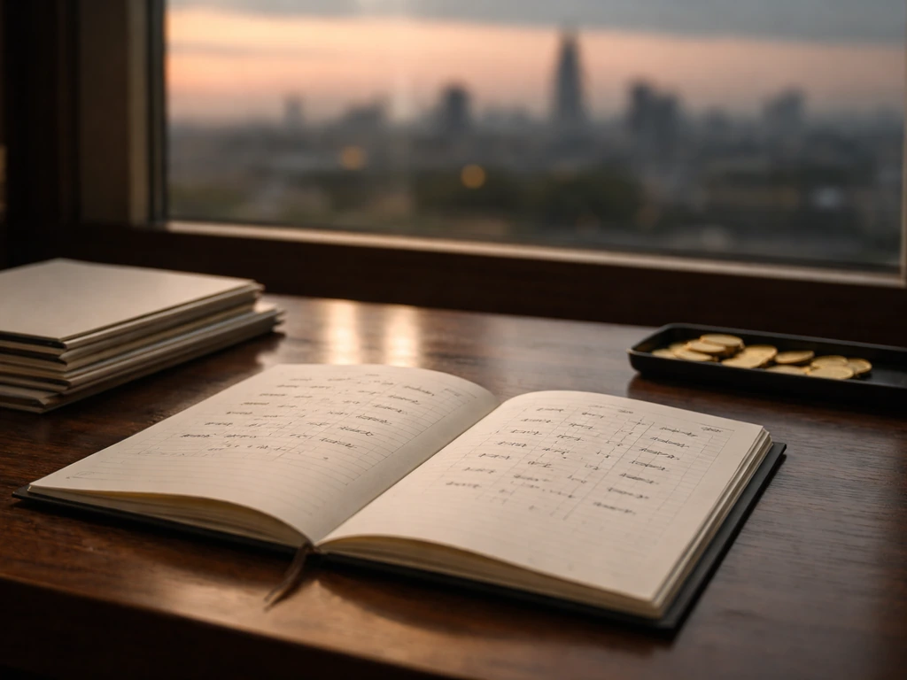 Open ledger-style documents and a subtle London skyline view over a desk, suggesting wealth analysis
