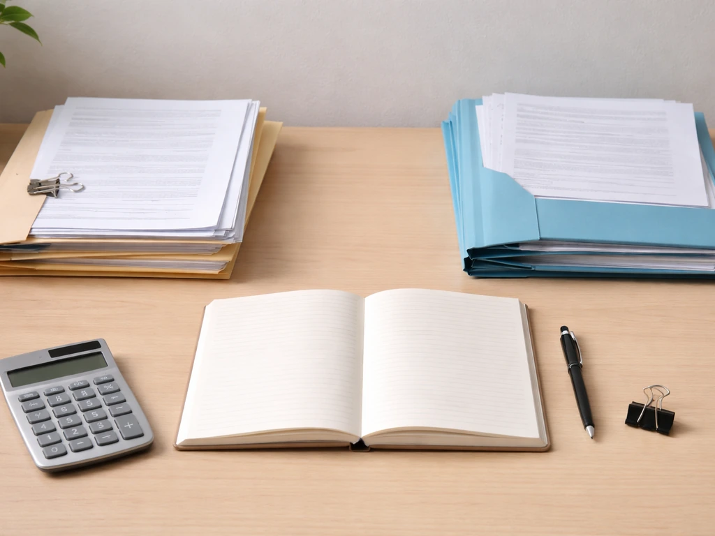 Minimal photo of a desk with a calculator, notebook, and separated assets and liabilities folders in soft light