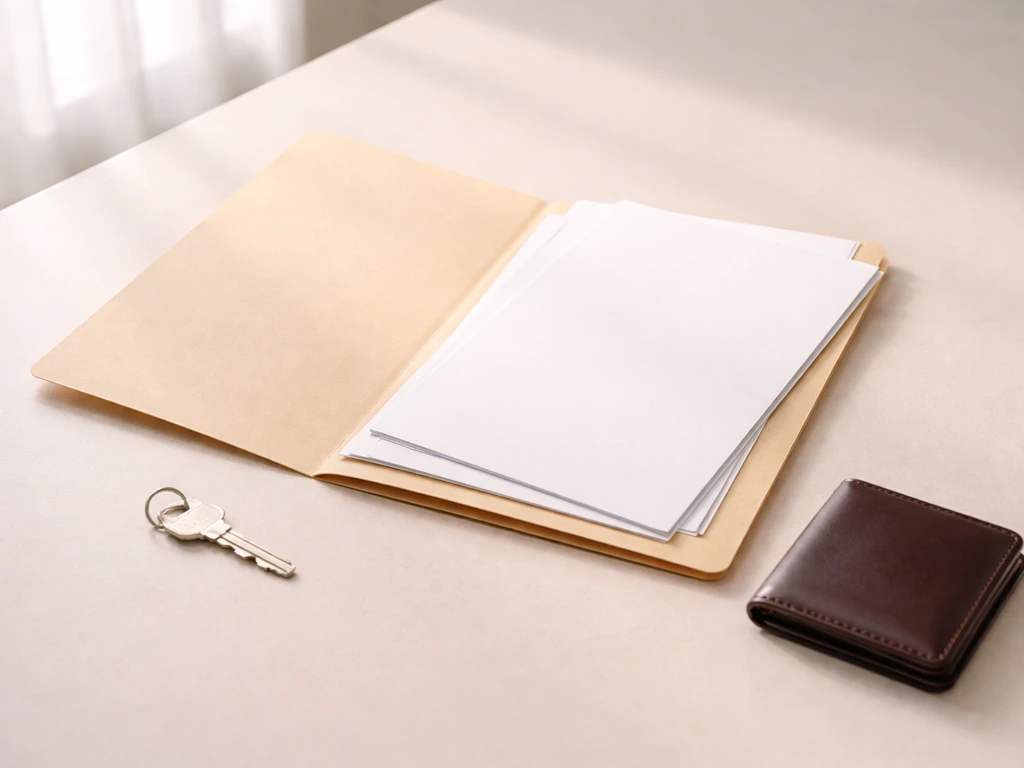 Minimal desk scene with a folder, key, and small wallet-like items symbolizing verifiable asset categories